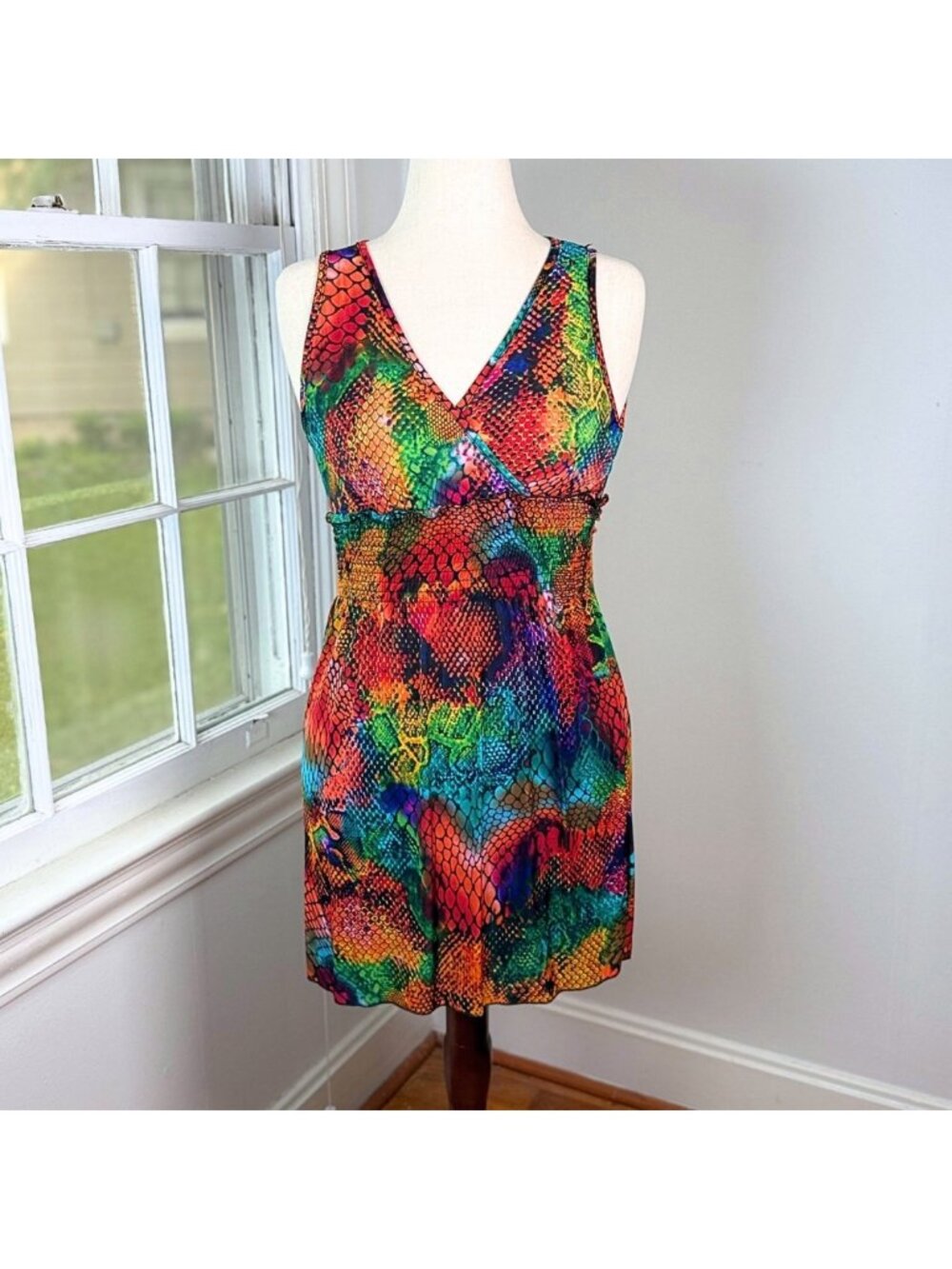 Rainbow Neon Snakeskin Smocked Fit and Flare Beach Mini Dress One Size Y2K Rave - Picture 10 of 10